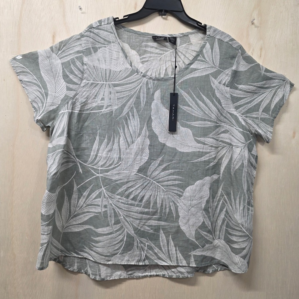 Tahari 100% Linen Tropical Leaf Print Scoop Neck Short Sleeve Top Sage 2X